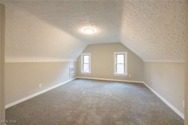 bonus room featuring a textured ceiling, lofted ceiling, and carpet