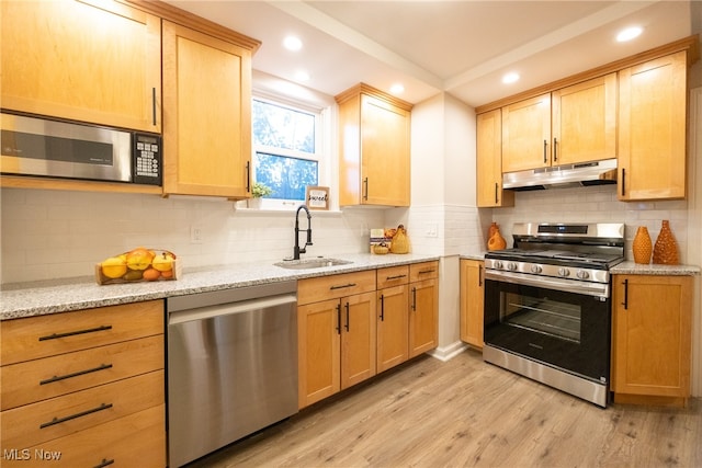 kitchen with light stone counters, stainless steel appliances, backsplash, sink, and light hardwood / wood-style flooring