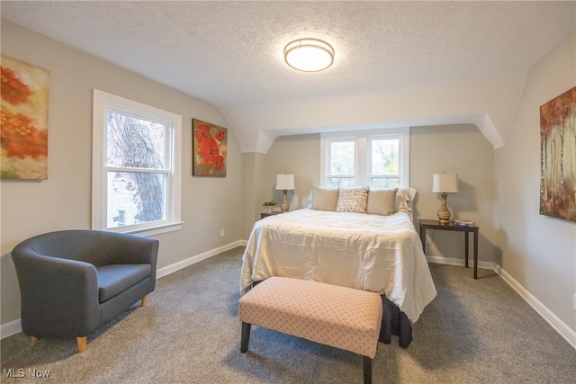 bedroom featuring lofted ceiling, multiple windows, a textured ceiling, and carpet