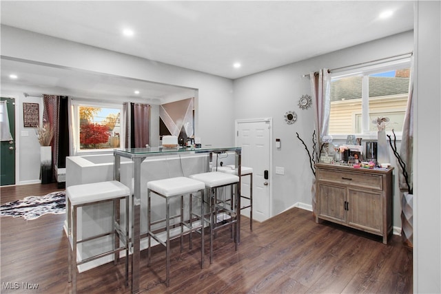 kitchen with kitchen peninsula, a kitchen bar, and dark hardwood / wood-style flooring