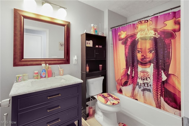 full bathroom with toilet, vanity, a textured ceiling, and shower / bathtub combination with curtain