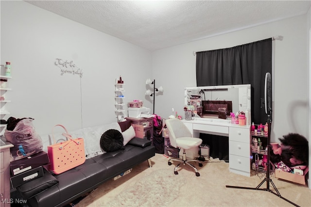 carpeted home office with a textured ceiling