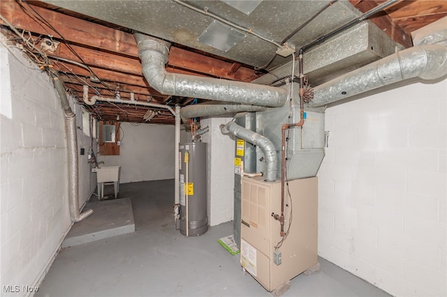 basement with water heater, electric panel, and heating unit