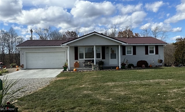 ranch-style house with a garage and a front lawn