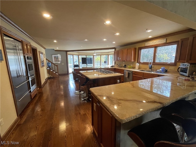 kitchen with kitchen peninsula, appliances with stainless steel finishes, a breakfast bar area, and plenty of natural light