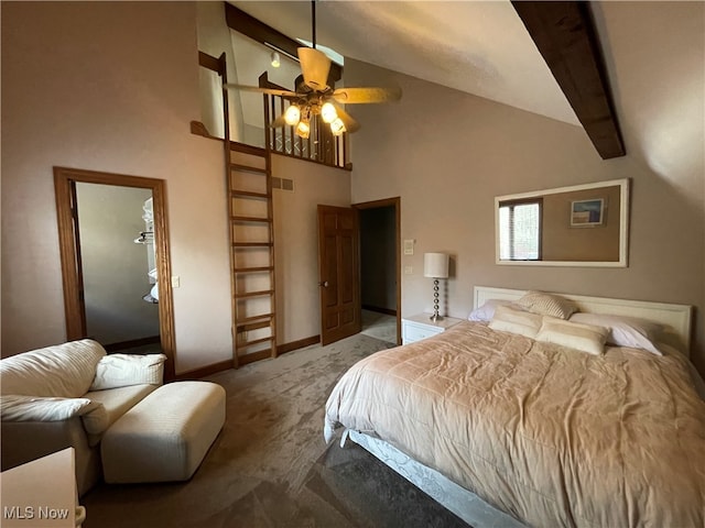 bedroom with beamed ceiling, ceiling fan, high vaulted ceiling, and carpet floors