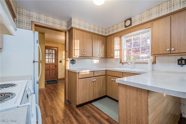 kitchen featuring white range with electric stovetop, decorative backsplash, sink, dark wood-type flooring, and kitchen peninsula