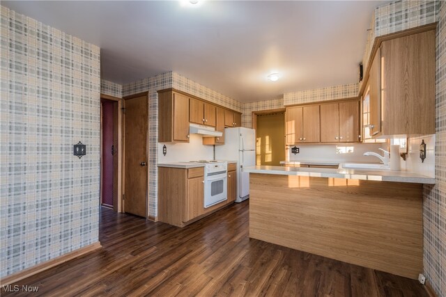 kitchen featuring dark wood-type flooring, kitchen peninsula, white appliances, and sink