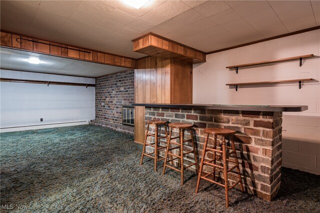 bar featuring wooden walls, dark colored carpet, and a baseboard heating unit