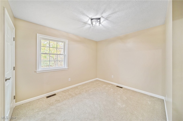 spare room featuring light colored carpet and a textured ceiling