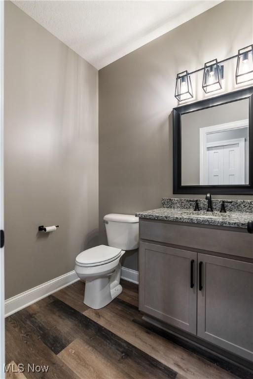 bathroom with vanity, toilet, and wood-type flooring