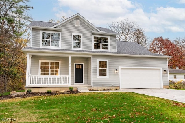 front of property with a porch, a garage, and a front lawn