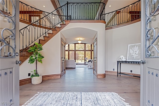 foyer with hardwood / wood-style floors and a high ceiling