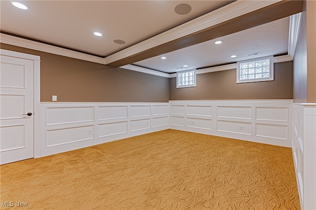 interior space featuring light carpet and crown molding