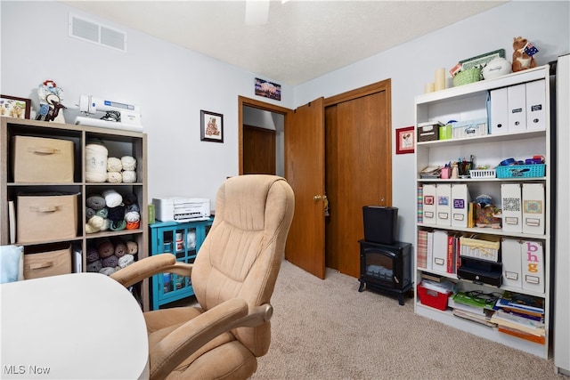 sitting room featuring light colored carpet, a textured ceiling, and a wood stove