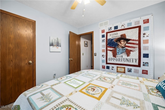 bedroom with a textured ceiling and ceiling fan