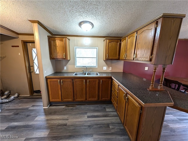 kitchen featuring ornamental molding, a textured ceiling, sink, dark wood-type flooring, and kitchen peninsula