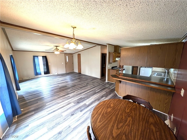 kitchen featuring dark hardwood / wood-style flooring, kitchen peninsula, a textured ceiling, and ceiling fan