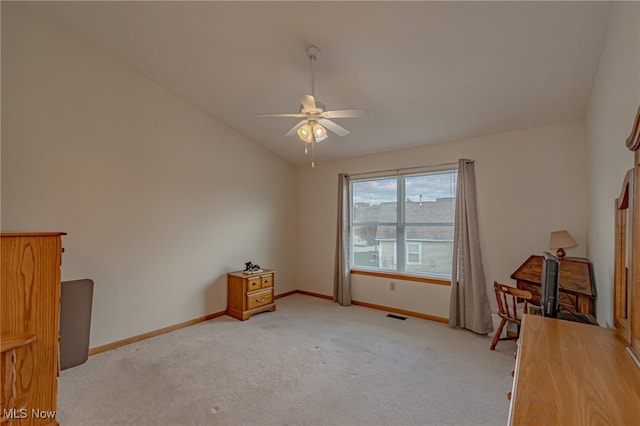 misc room featuring light colored carpet, lofted ceiling, and ceiling fan