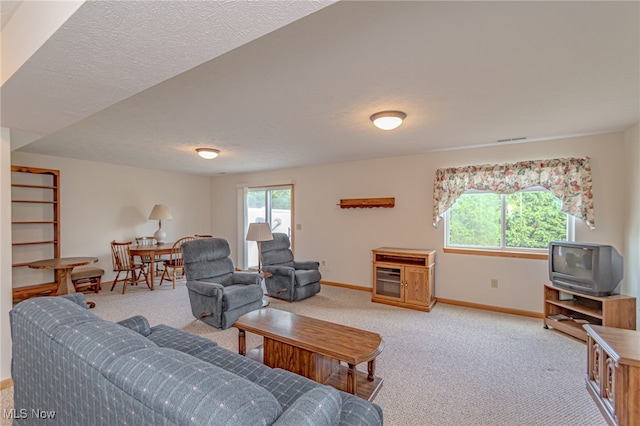 living room with a textured ceiling and light carpet