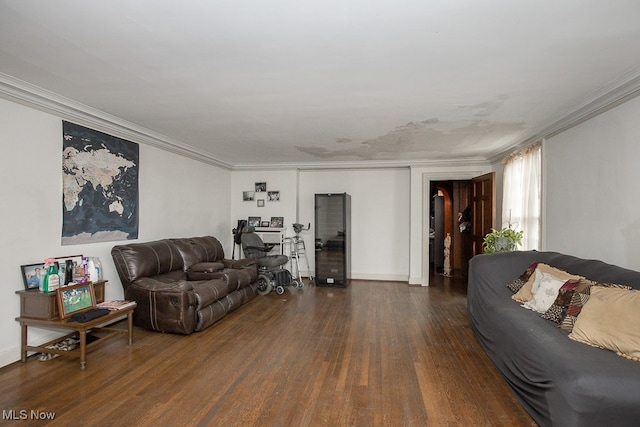 living room featuring ornamental molding and dark hardwood / wood-style floors