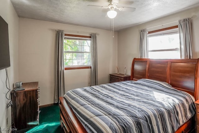 carpeted bedroom featuring ceiling fan, multiple windows, and a textured ceiling