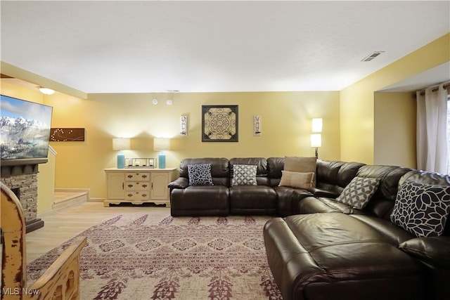 living room featuring a fireplace and light hardwood / wood-style floors