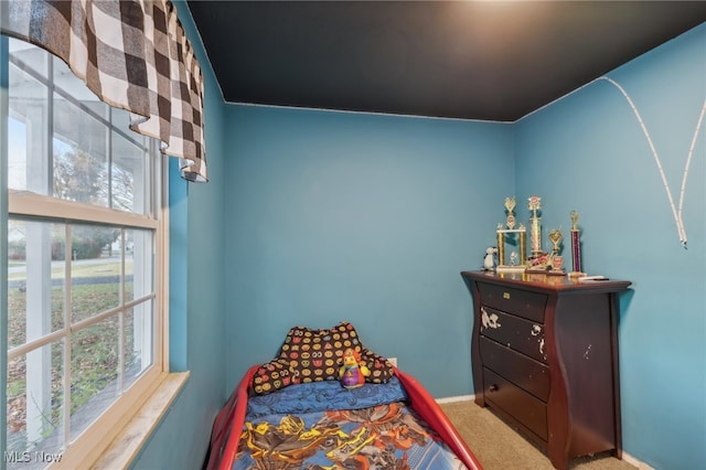 bedroom with carpet flooring and vaulted ceiling