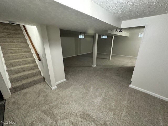 basement featuring carpet and a textured ceiling