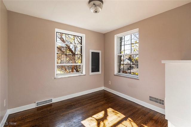 spare room featuring a wealth of natural light and dark wood-type flooring