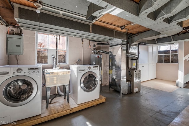 laundry area with electric panel, washer and dryer, plenty of natural light, and heating unit