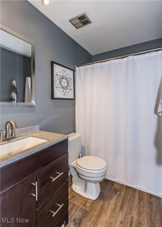 bathroom featuring toilet, vanity, and hardwood / wood-style floors