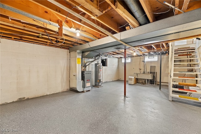 basement with heating unit and water heater