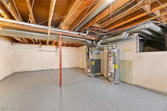 basement with gas water heater and heating unit