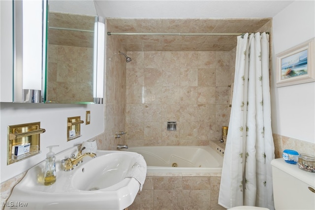 bathroom featuring toilet and shower / bath combination with curtain