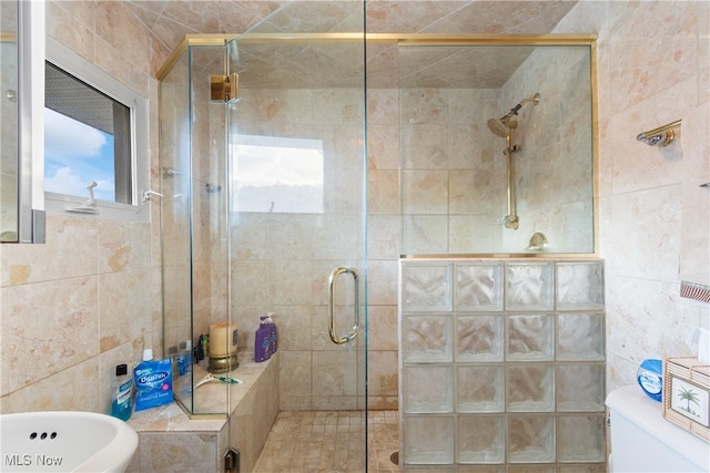 bathroom featuring tile walls, plus walk in shower, and a healthy amount of sunlight