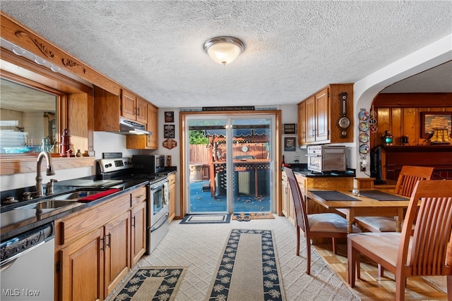 kitchen with dishwasher, a textured ceiling, sink, and stainless steel electric stove