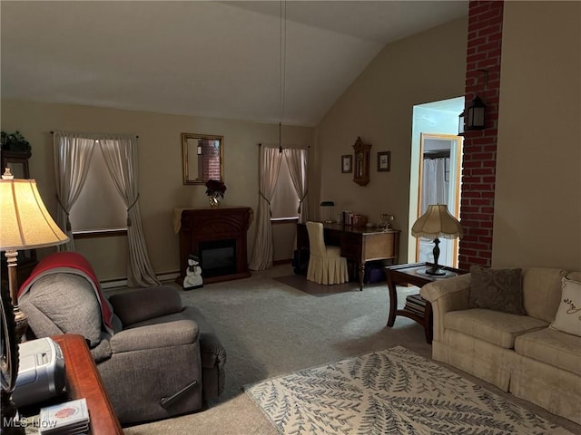 carpeted living room featuring vaulted ceiling