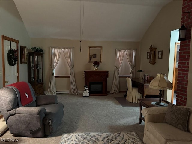 living room featuring baseboard heating, carpet floors, and lofted ceiling