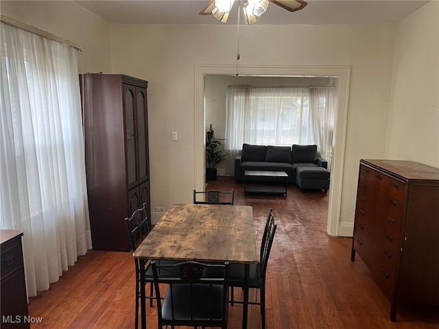 dining space featuring ceiling fan and dark hardwood / wood-style flooring