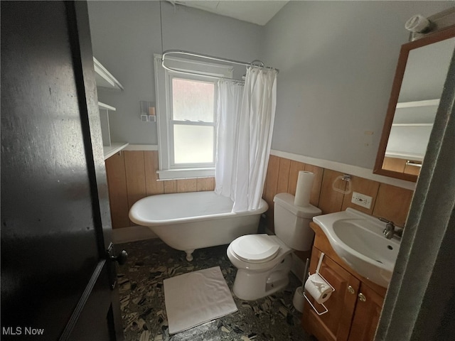 bathroom featuring toilet, wood walls, and vanity