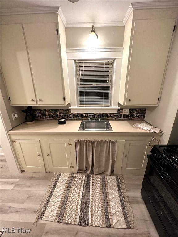 bathroom with hardwood / wood-style flooring, sink, decorative backsplash, and crown molding