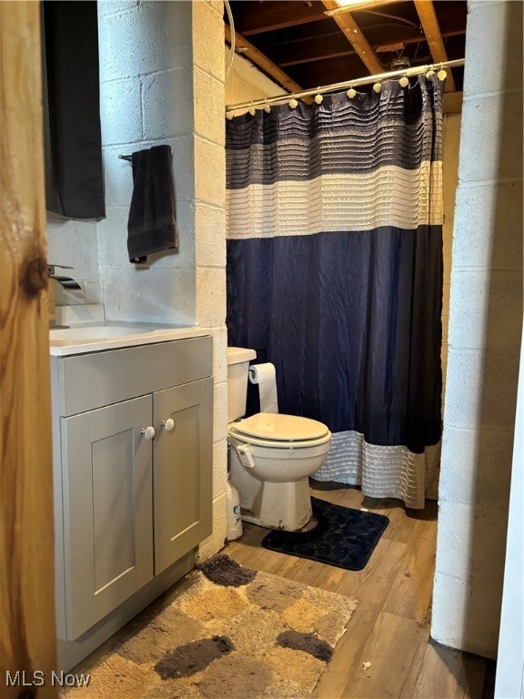 bathroom with wood-type flooring, vanity, and toilet