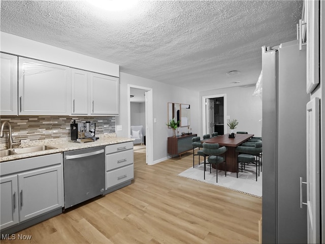 kitchen with stainless steel appliances, light hardwood / wood-style floors, sink, a textured ceiling, and decorative backsplash