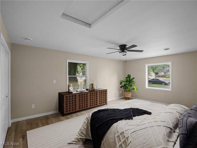 bedroom featuring wood-type flooring, multiple windows, ceiling fan, and a closet