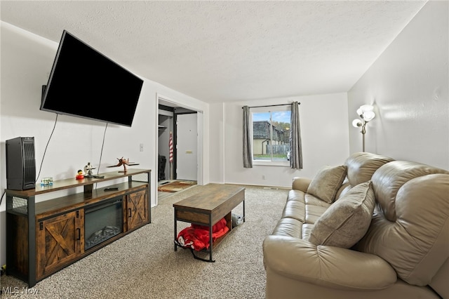 living room featuring carpet and a textured ceiling