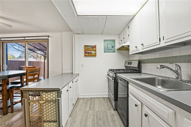 kitchen with stainless steel gas range, light hardwood / wood-style floors, sink, white cabinets, and dishwasher