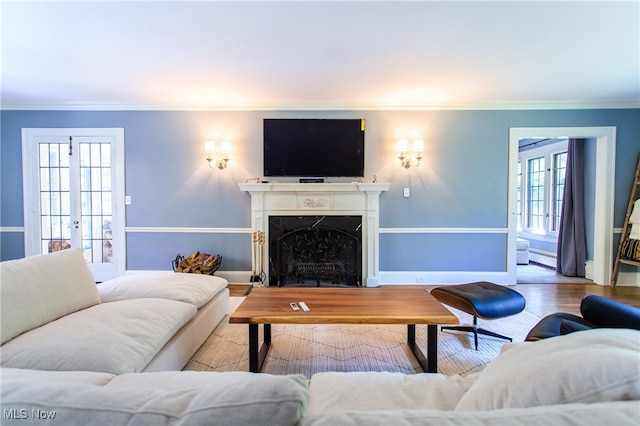 living room featuring french doors, a healthy amount of sunlight, and light hardwood / wood-style floors