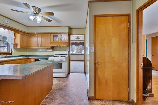 kitchen with gas range gas stove, a wealth of natural light, ceiling fan, and crown molding