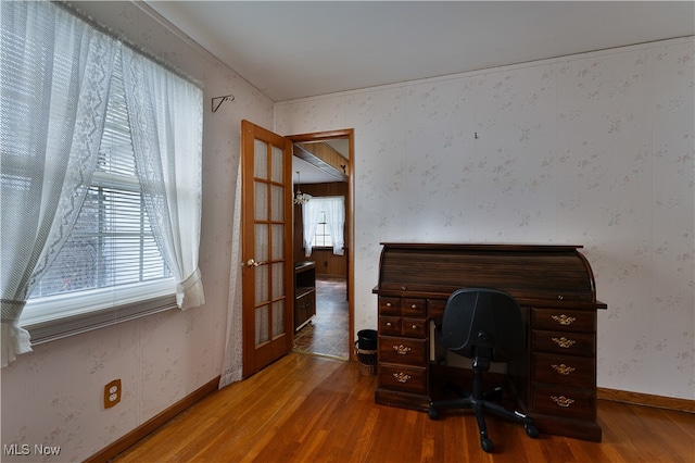 unfurnished office featuring french doors, hardwood / wood-style floors, and a healthy amount of sunlight